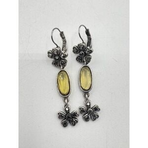 Vintage Style Marcasite Flower Yellow Cabochon Drop Earrings Silver Tone